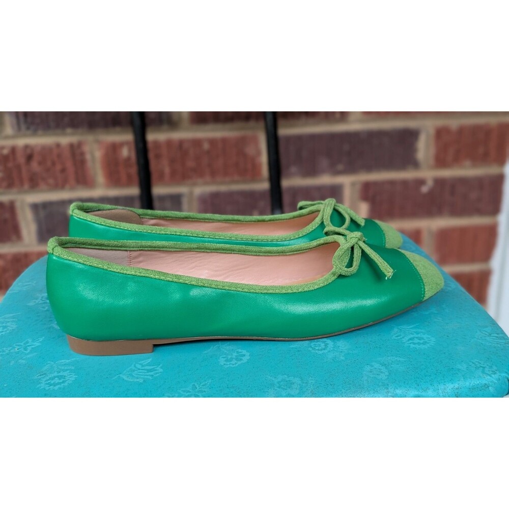 C. Paravano Leather-lined Ballet Flats w/ Bow & Cap Toe Suede-Green-Sz 40.5/10